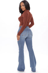 V Good Distressed High Rise Flare Jeans - Medium Blue Wash Ins Street