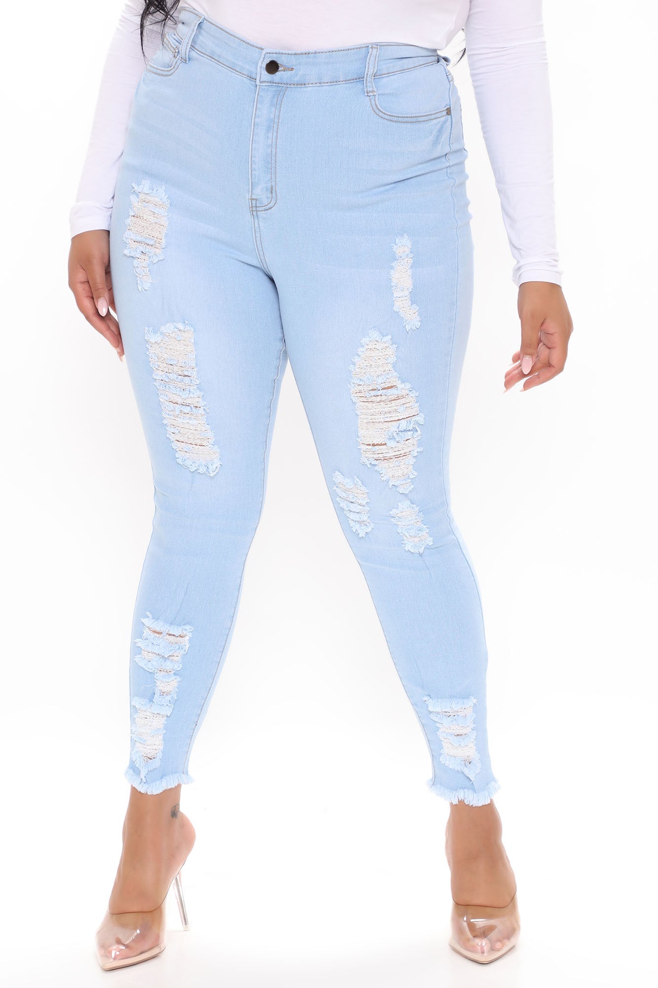 Kenley Distressed HIgh Rise Skinny Jeans - Light Blue Wash Ins Street