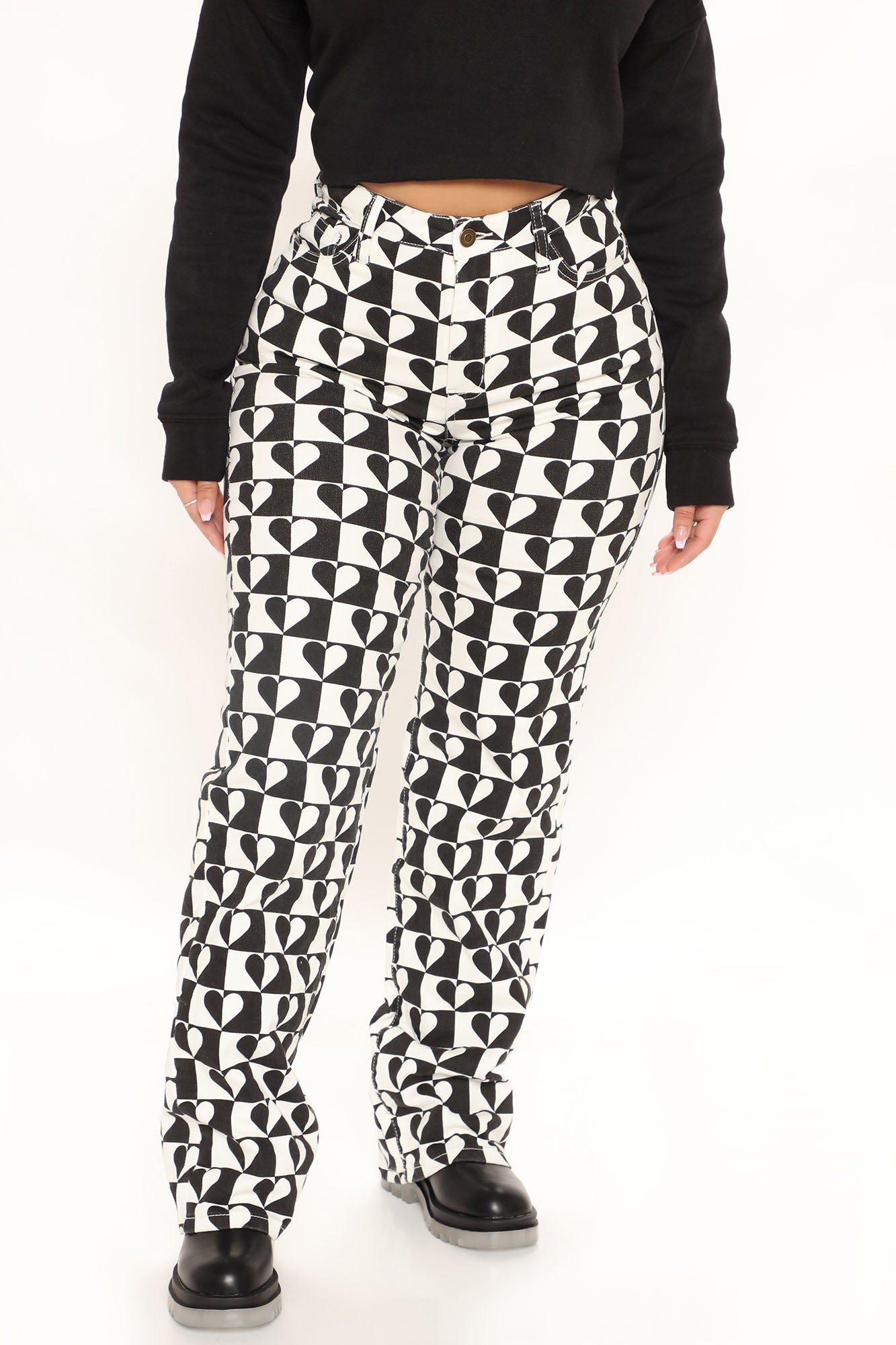 Queen Of Hearts Slit Straight Leg Jeans - White/Black Ins Street