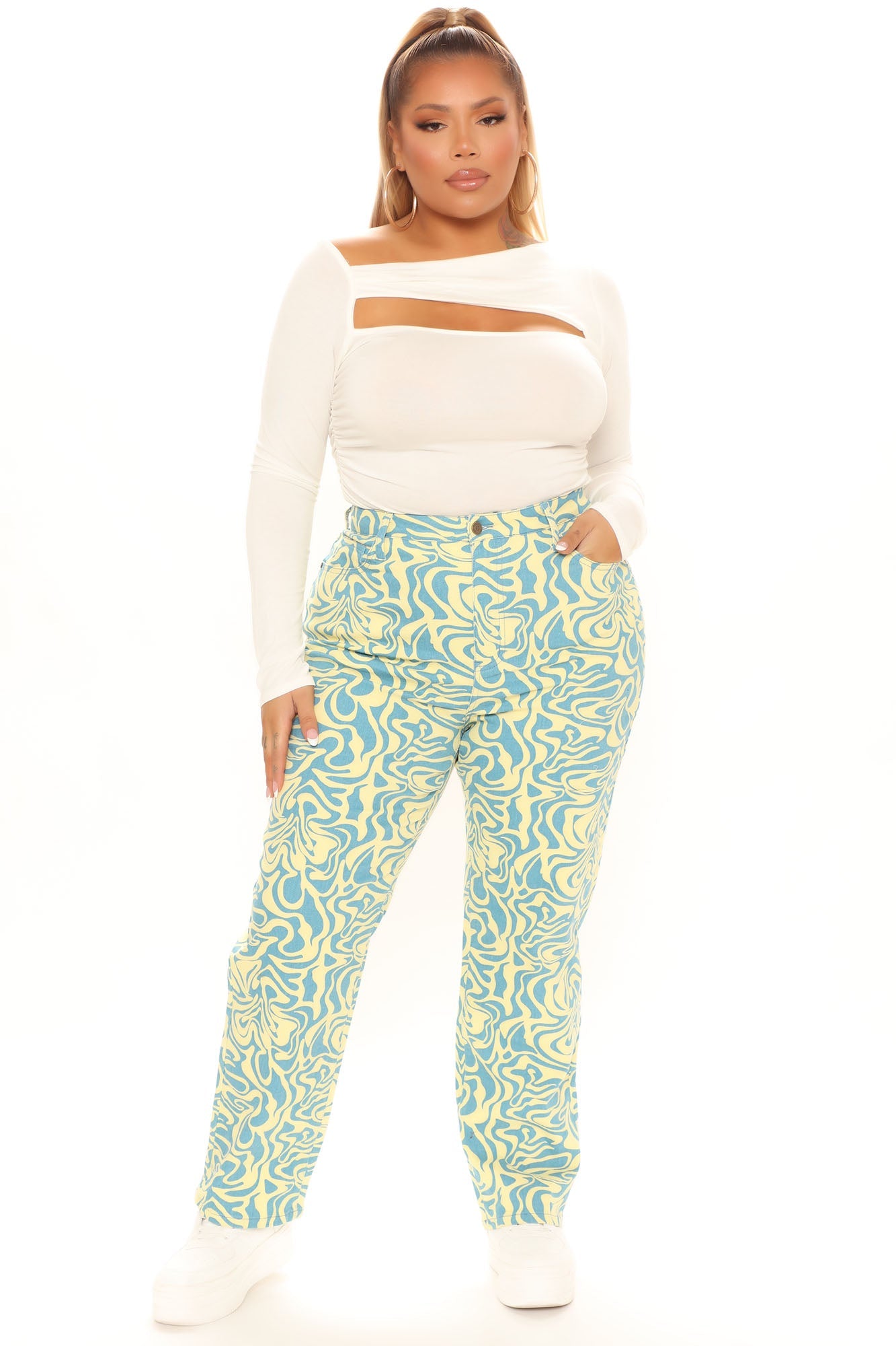 Mod Babe Swirl Print Slim Straight Leg Jeans - Blue/combo Ins Street