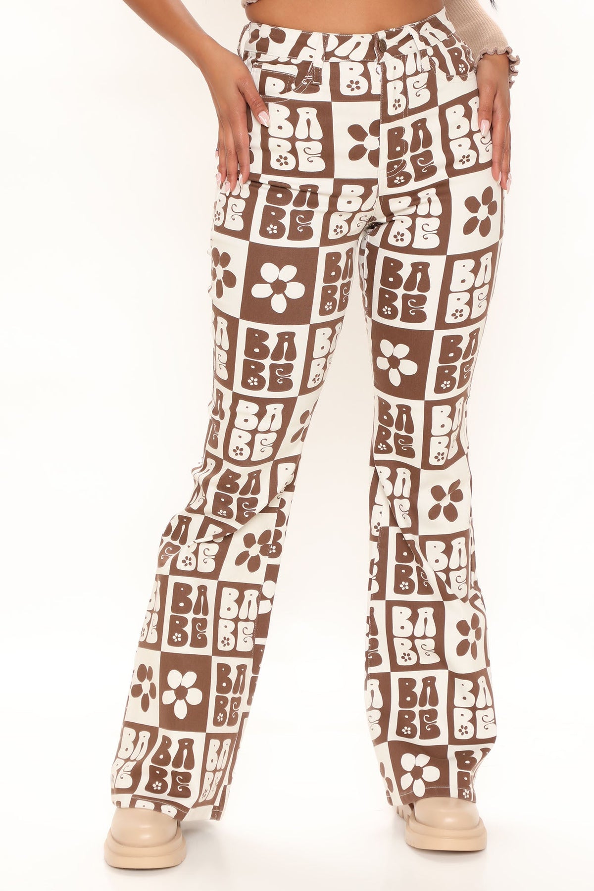 Retro Babe Printed Stretch Flare Jeans - Brown/combo Ins Street