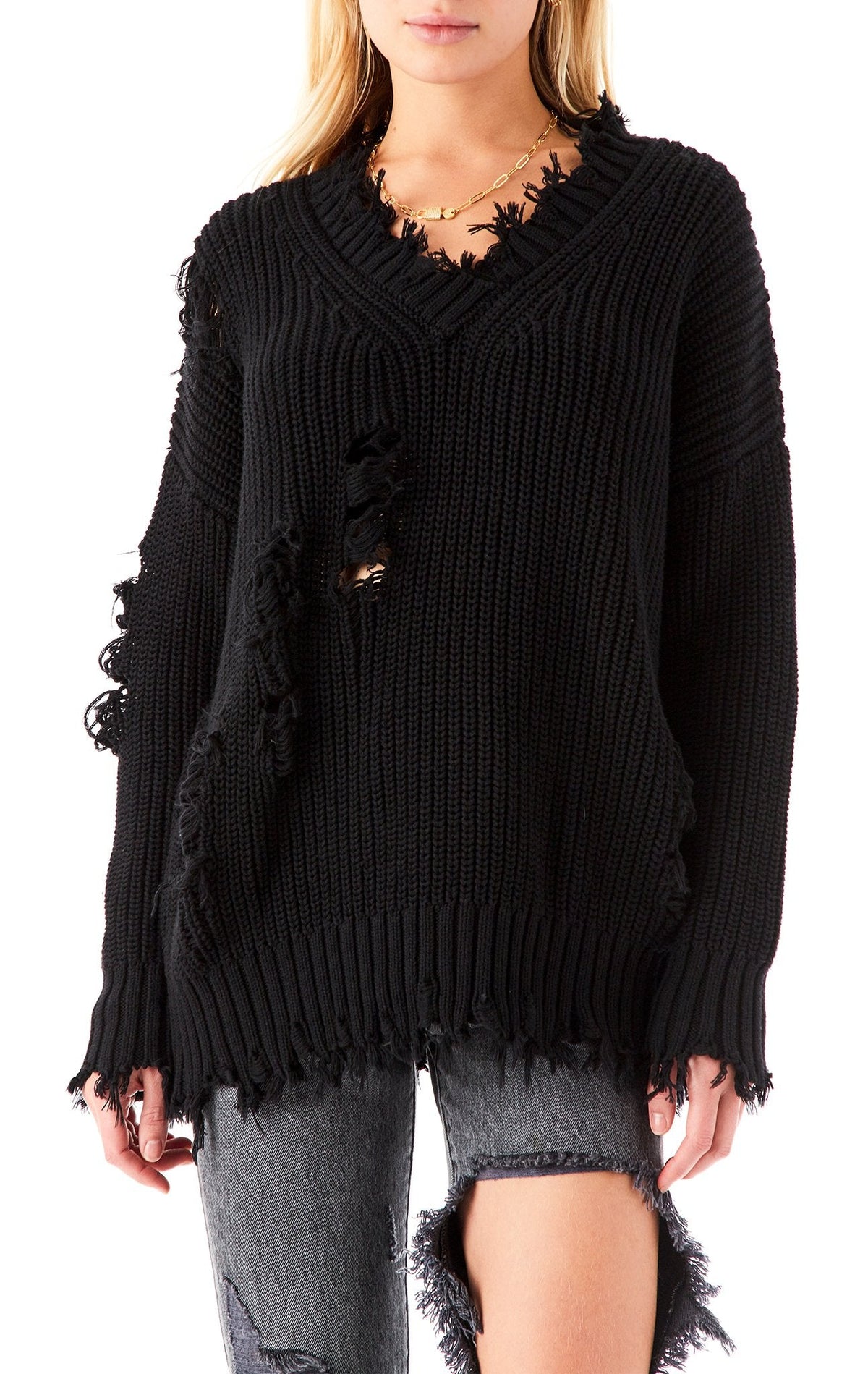 V-NECK RIPPED CHUNKY SWEATER CARMAR