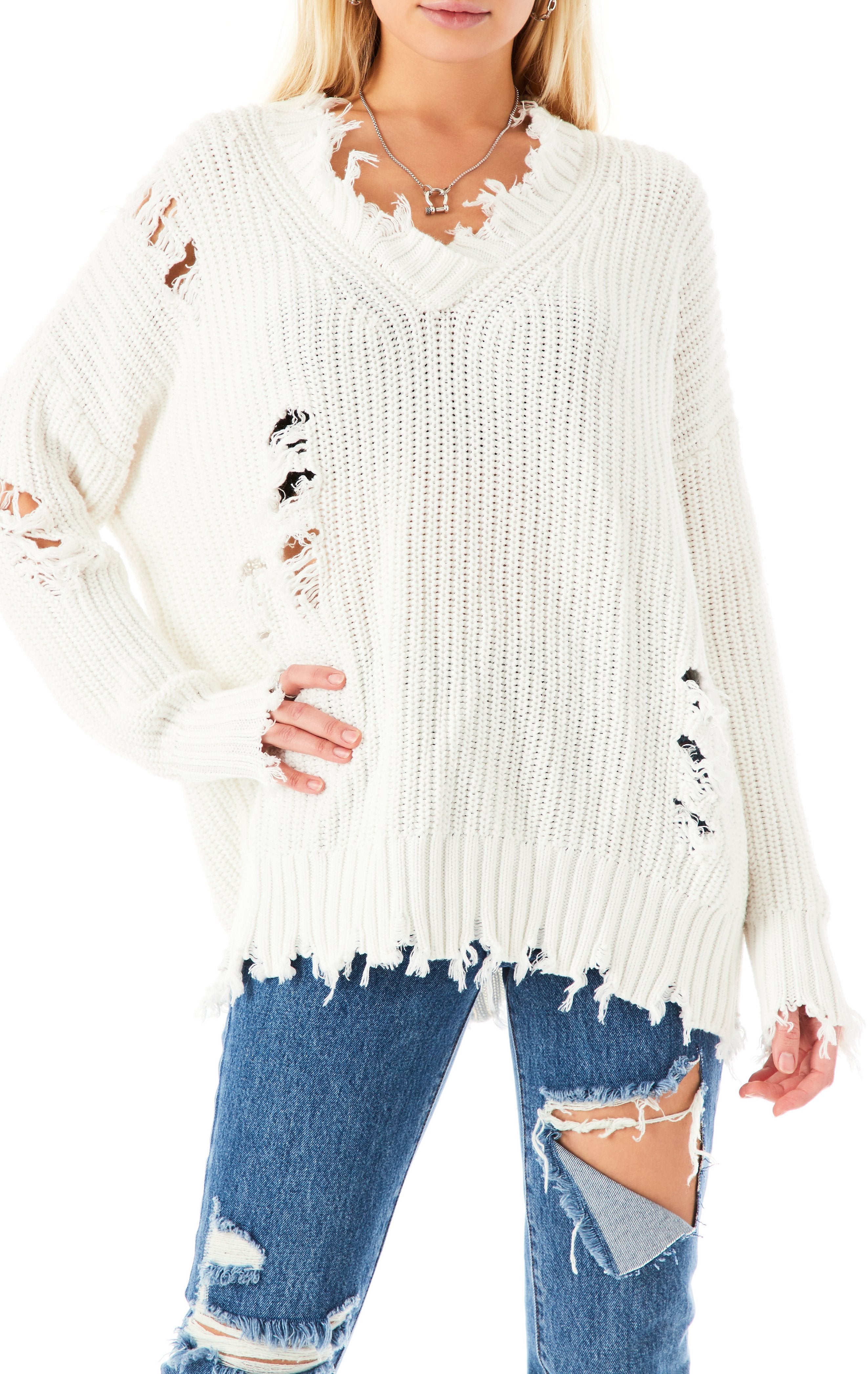 V-NECK RIPPED CHUNKY SWEATER CARMAR