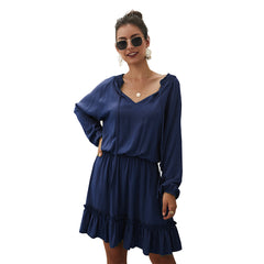 Paros Textured Satin Balloon Sleeve Dress - Navy Ins Street