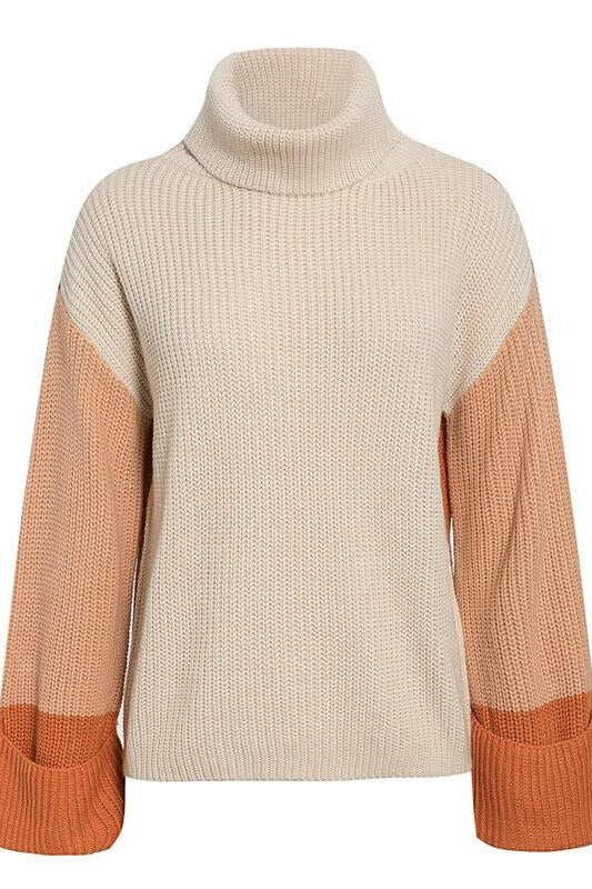 Contrast Sleeve Turn-Up Cuff Turtleneck Sweater Ins street