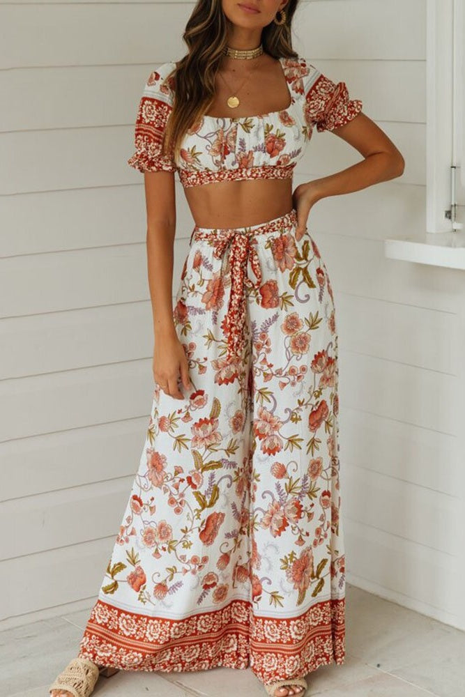 Floral Crop Top & Wide Legs Pants Two-Piece Set Ins street
