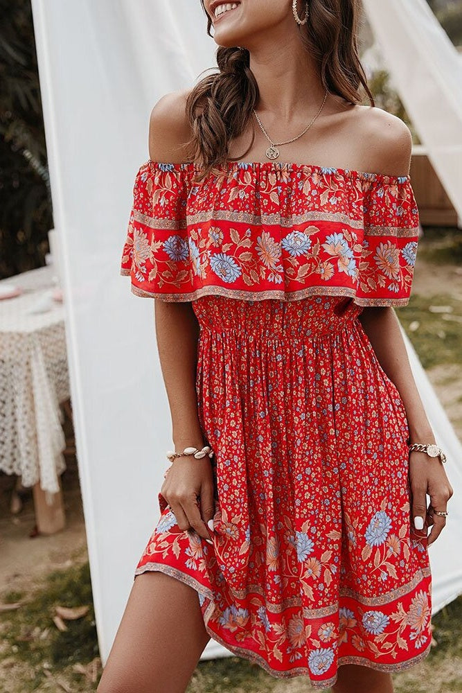 Floral Off-Shoulder Frill Mini Dress Ins street