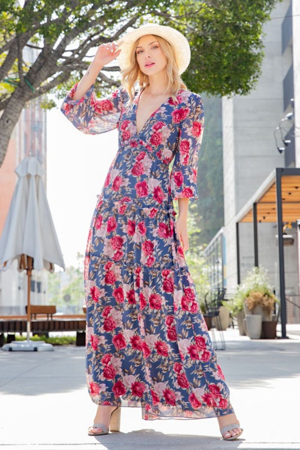 ee:some Floral Frill Trill Deep V Maxi Dress Ins Street