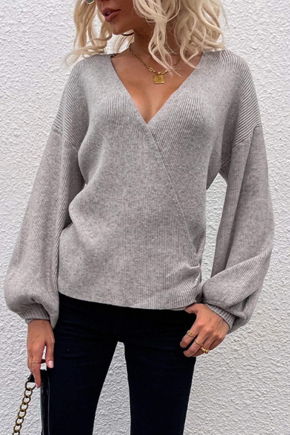 Lantern Sleeve Surplice Knit Sweater Ins Street