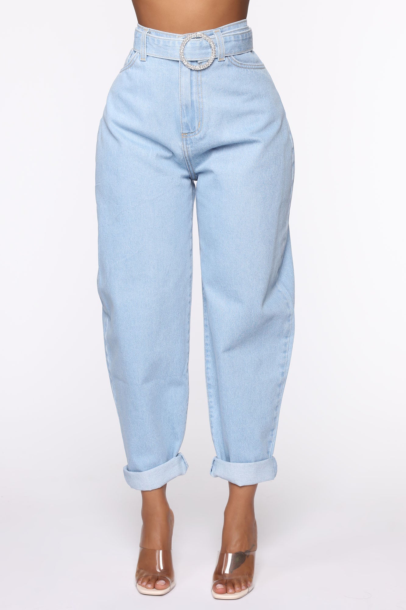 Crystal Clear Belted Balloon Mom Jeans - Light Wash Ins Street