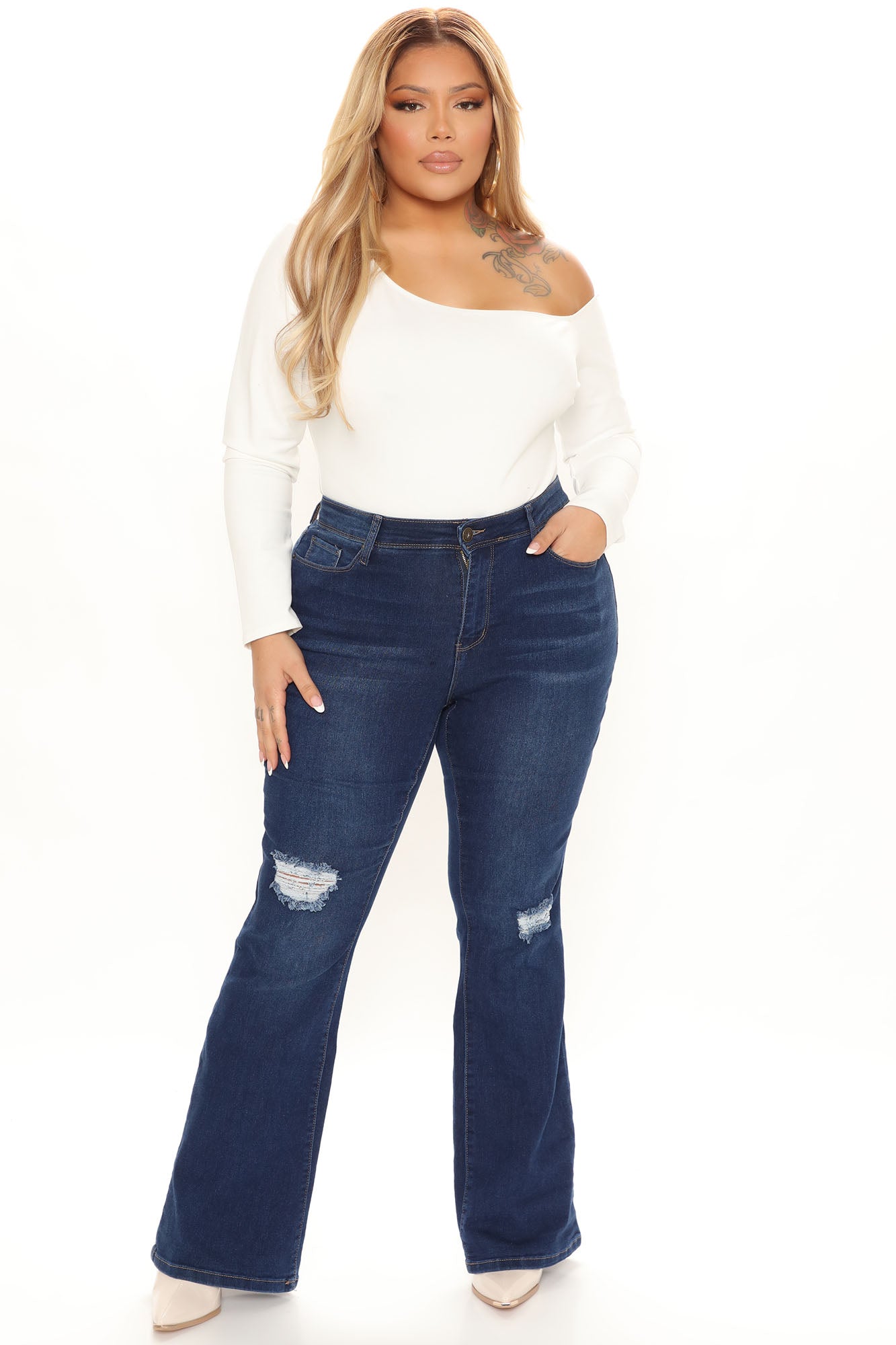 Back On Top Distressed Stretch Flare Jeans - Dark Wash Ins Street