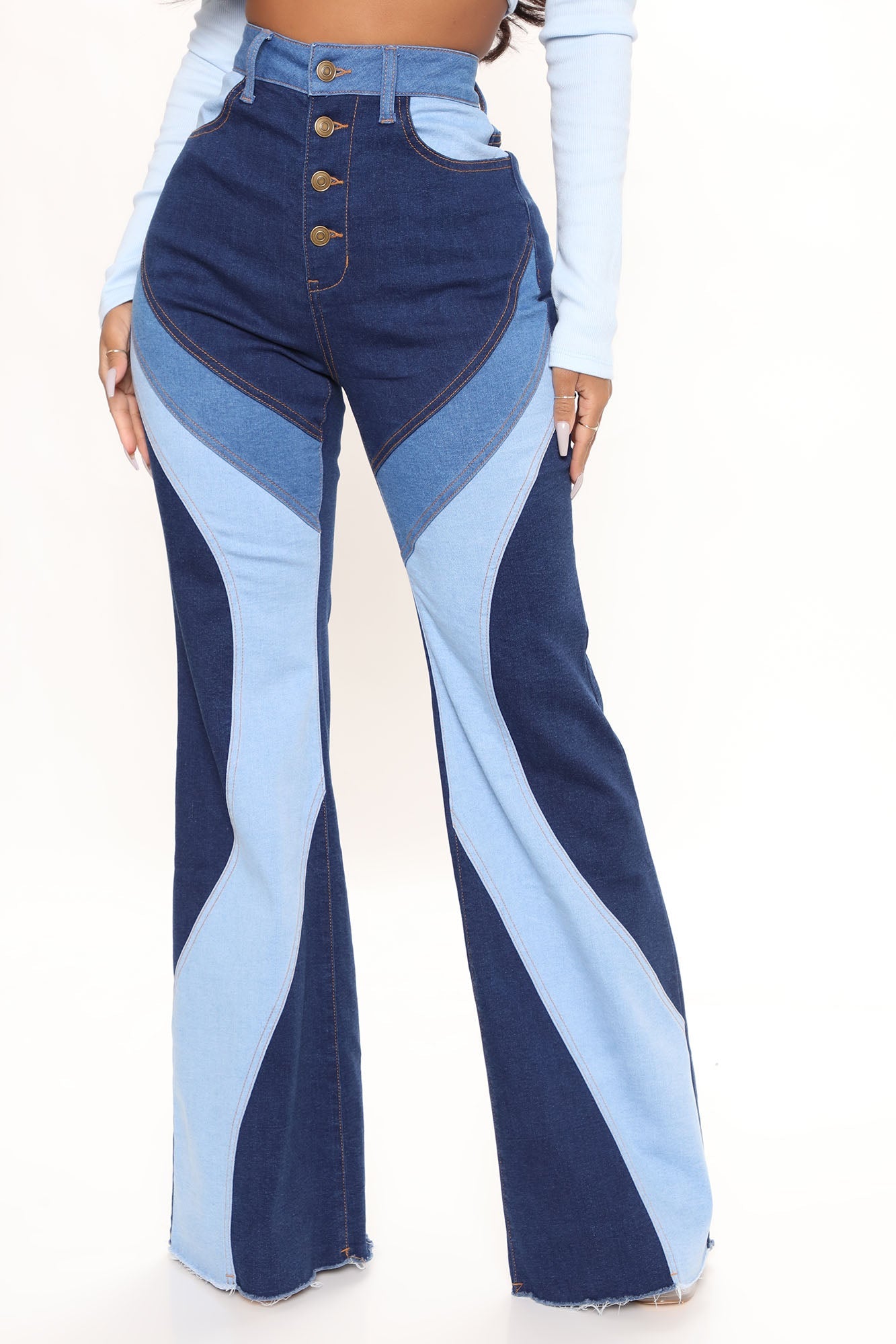 Devil In The Details Patchwork Flare Jeans - Dark Wash Ins Street