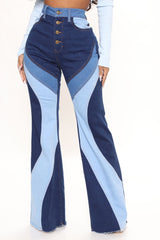 Devil In The Details Patchwork Flare Jeans - Dark Wash Ins Street