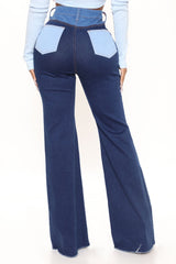 Devil In The Details Patchwork Flare Jeans - Dark Wash Ins Street