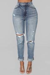 Teisha Distressed Boyfriend Jeans - Medium Blue Wash Ins Street