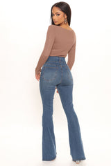 That's Hot Sculpting Split Hem Flare Jeans - Medium Blue Wash Ins Street