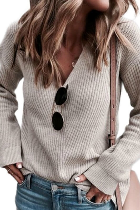V-Neck Long Sleeve Solid Knit Sweater Ins street