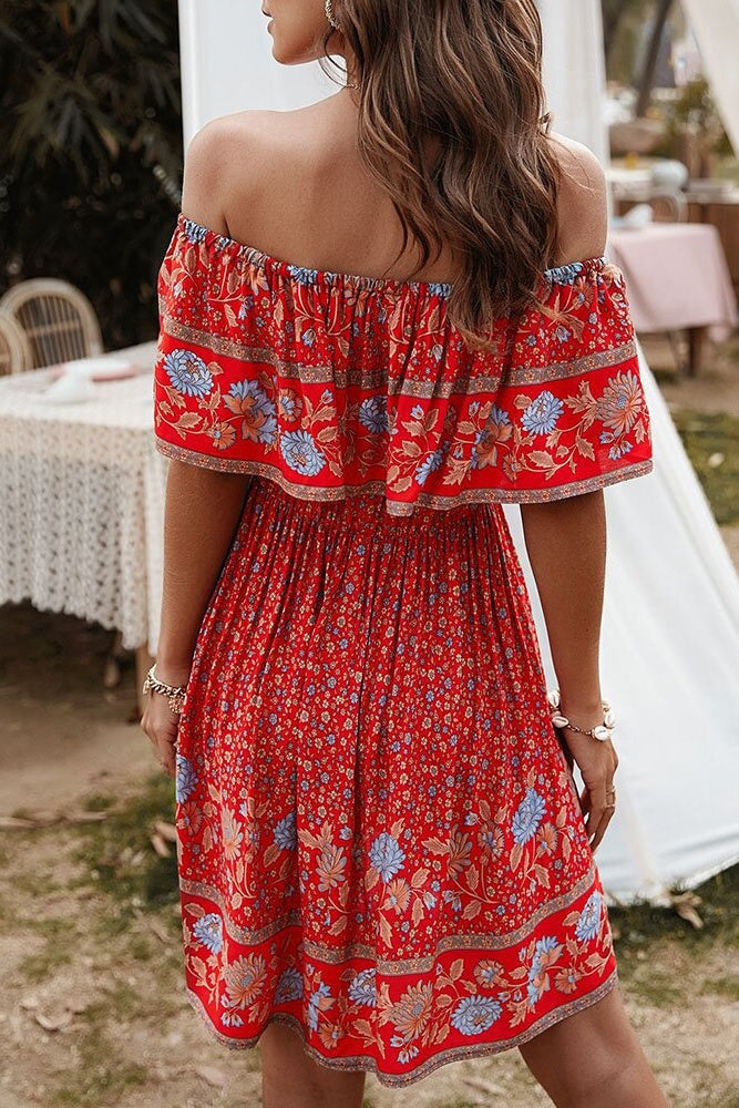 Floral Off-Shoulder Frill Mini Dress Ins street