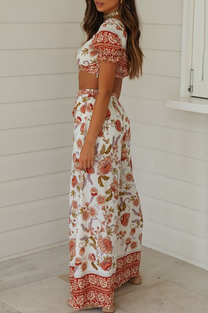 Floral Crop Top & Wide Legs Pants Two-Piece Set Ins street