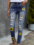 Leopard Patchwork Sunflower Print Distressed High Waist Jeans Ins Street