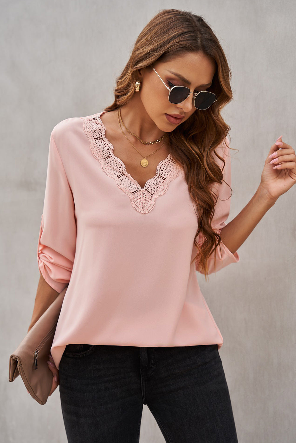 Lace V Neck 3/4 Sleeves Blouse Ins Street