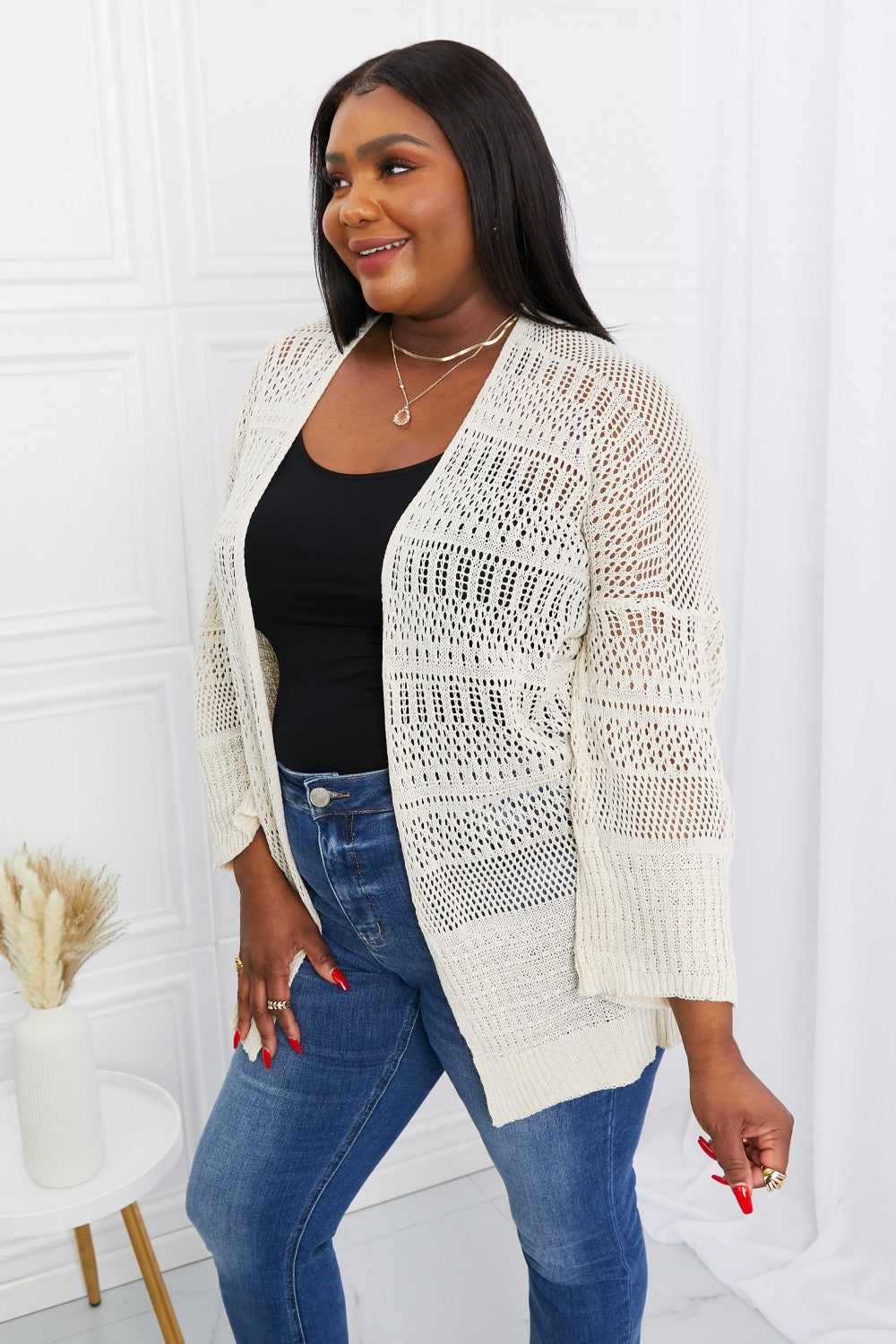 Leto Open Front Openwork Cardigan Ins Street