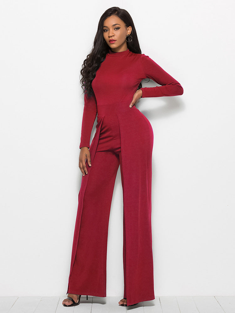 Long Sleeve Mock Neck Wide Leg Jumpsuit Ins Street