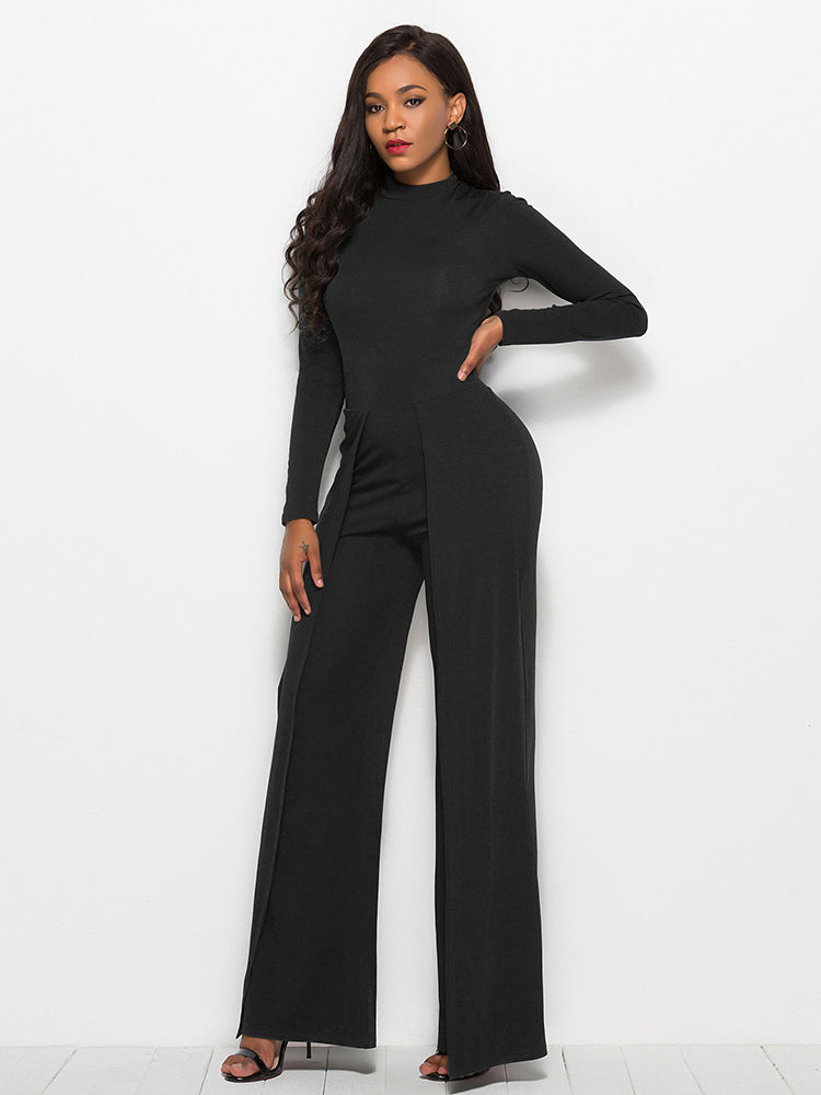 Long Sleeve Mock Neck Wide Leg Jumpsuit Ins Street