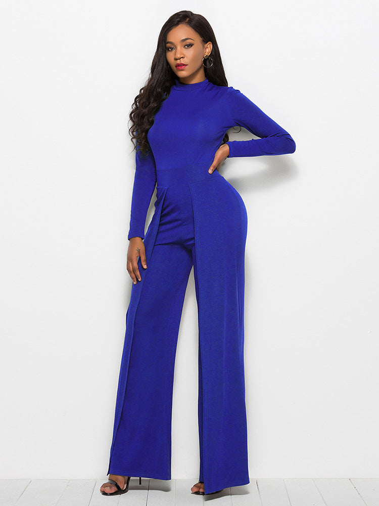 Long Sleeve Mock Neck Wide Leg Jumpsuit Ins Street