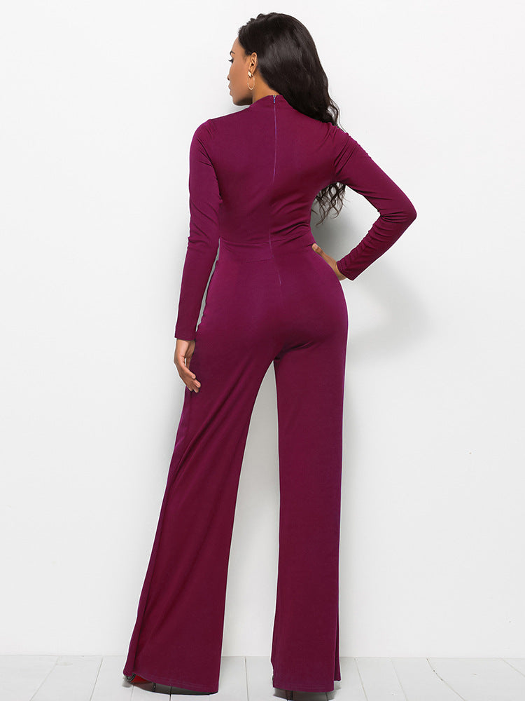 Long Sleeve Mock Neck Wide Leg Jumpsuit Ins Street