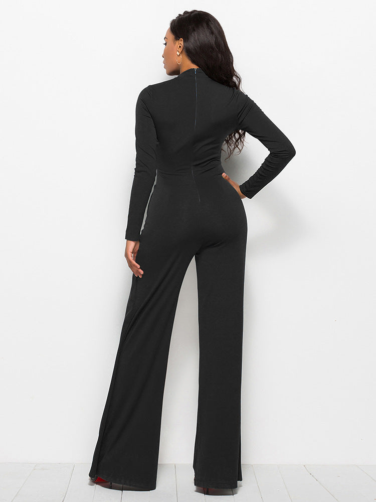 Long Sleeve Mock Neck Wide Leg Jumpsuit Ins Street