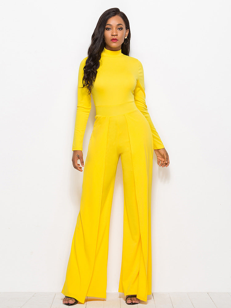 Long Sleeve Mock Neck Wide Leg Jumpsuit Ins Street