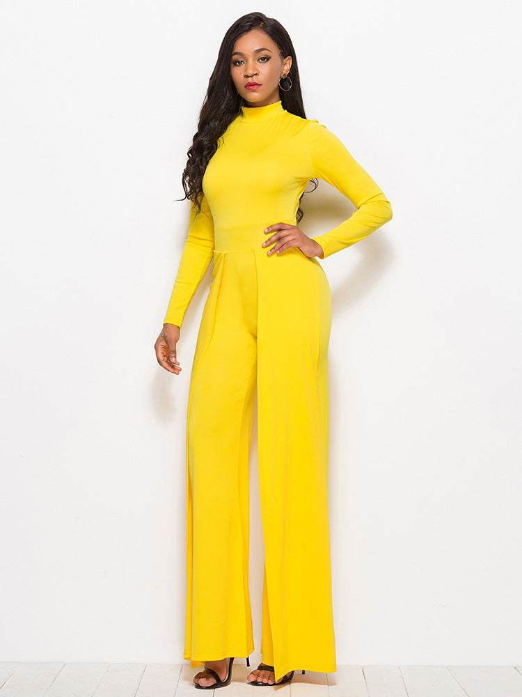 Long Sleeve Mock Neck Wide Leg Jumpsuit Ins Street