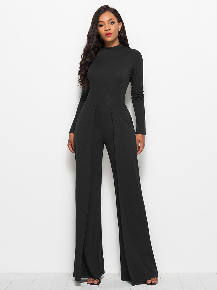 Long Sleeve Mock Neck Wide Leg Jumpsuit Ins Street