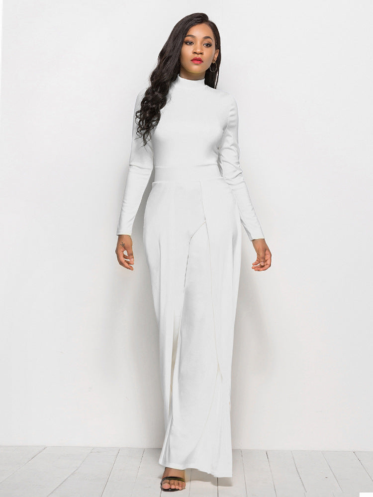 Long Sleeve Mock Neck Wide Leg Jumpsuit Ins Street