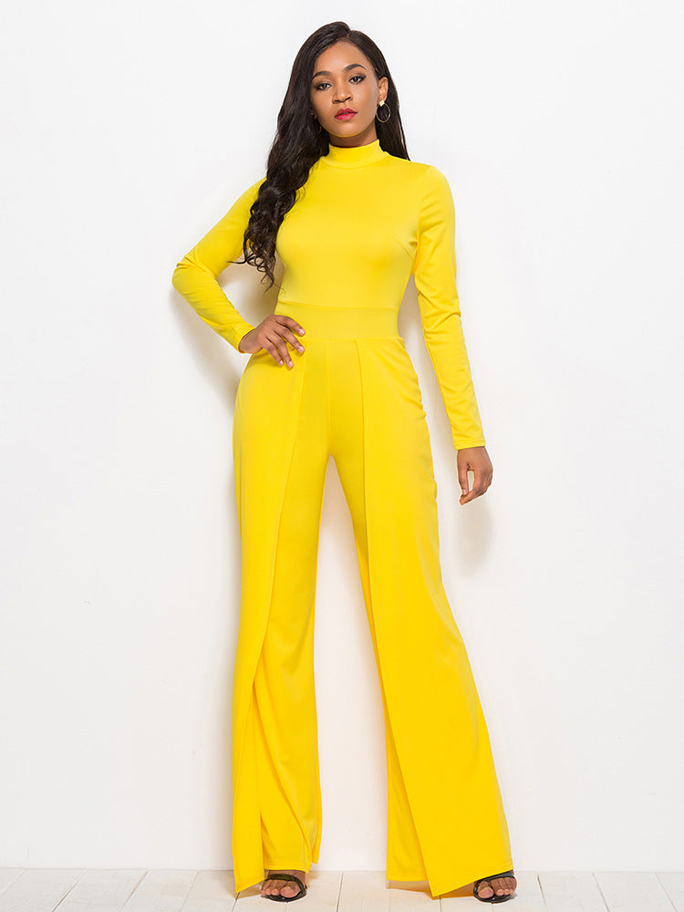 Long Sleeve Mock Neck Wide Leg Jumpsuit Ins Street