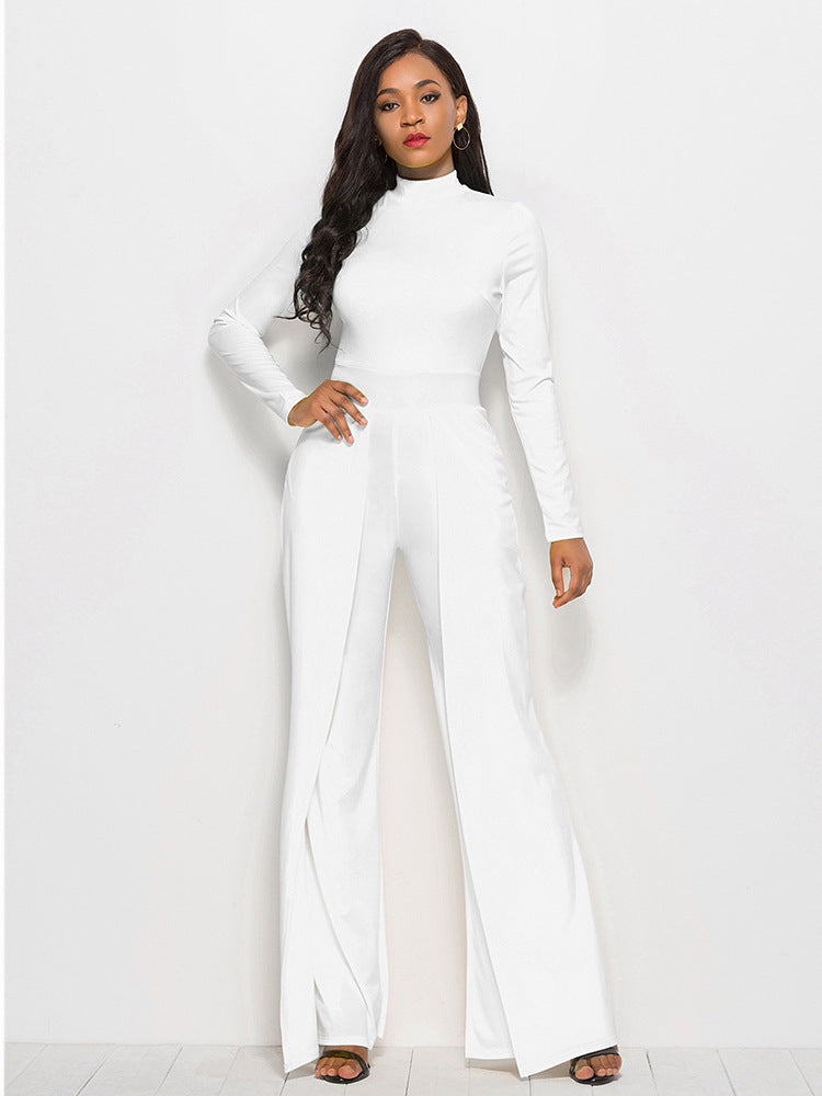 Long Sleeve Mock Neck Wide Leg Jumpsuit Ins Street