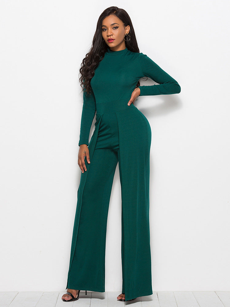 Long Sleeve Mock Neck Wide Leg Jumpsuit Ins Street