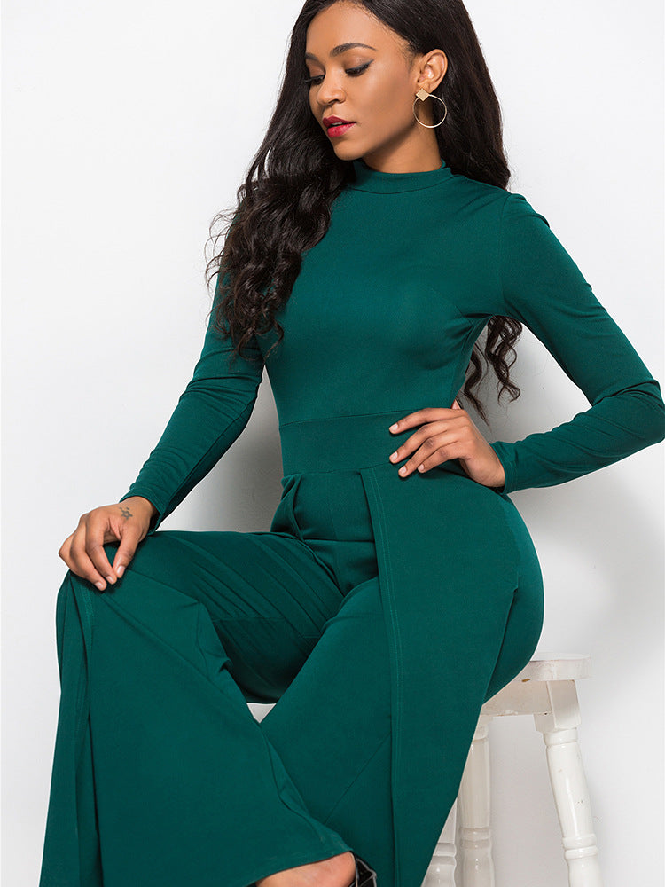 Long Sleeve Mock Neck Wide Leg Jumpsuit Ins Street