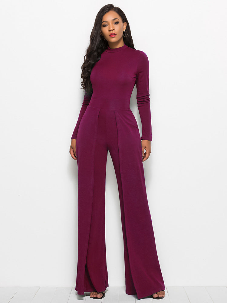 Long Sleeve Mock Neck Wide Leg Jumpsuit Ins Street