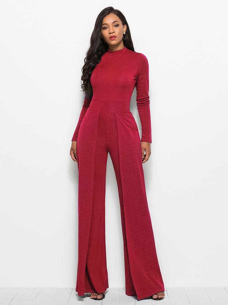 Long Sleeve Mock Neck Wide Leg Jumpsuit Ins Street