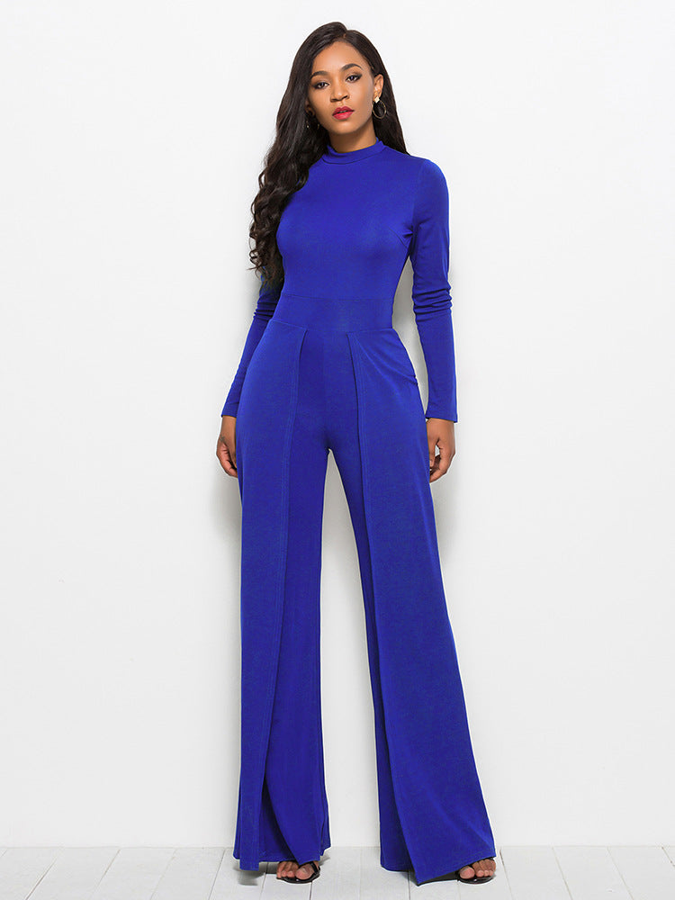 Long Sleeve Mock Neck Wide Leg Jumpsuit Ins Street