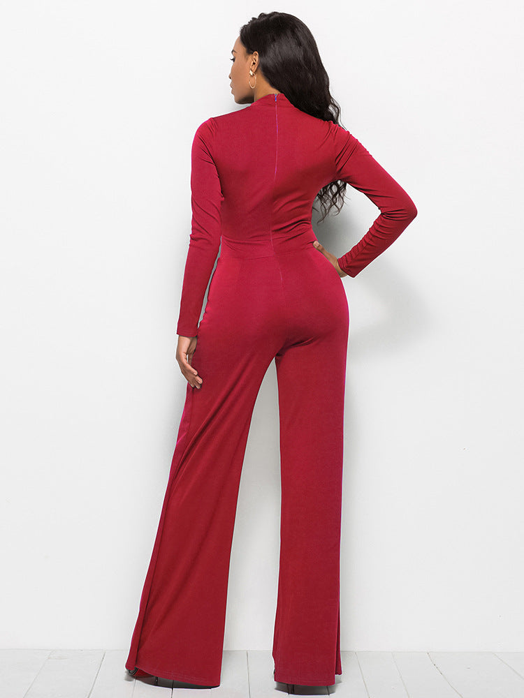 Long Sleeve Mock Neck Wide Leg Jumpsuit Ins Street