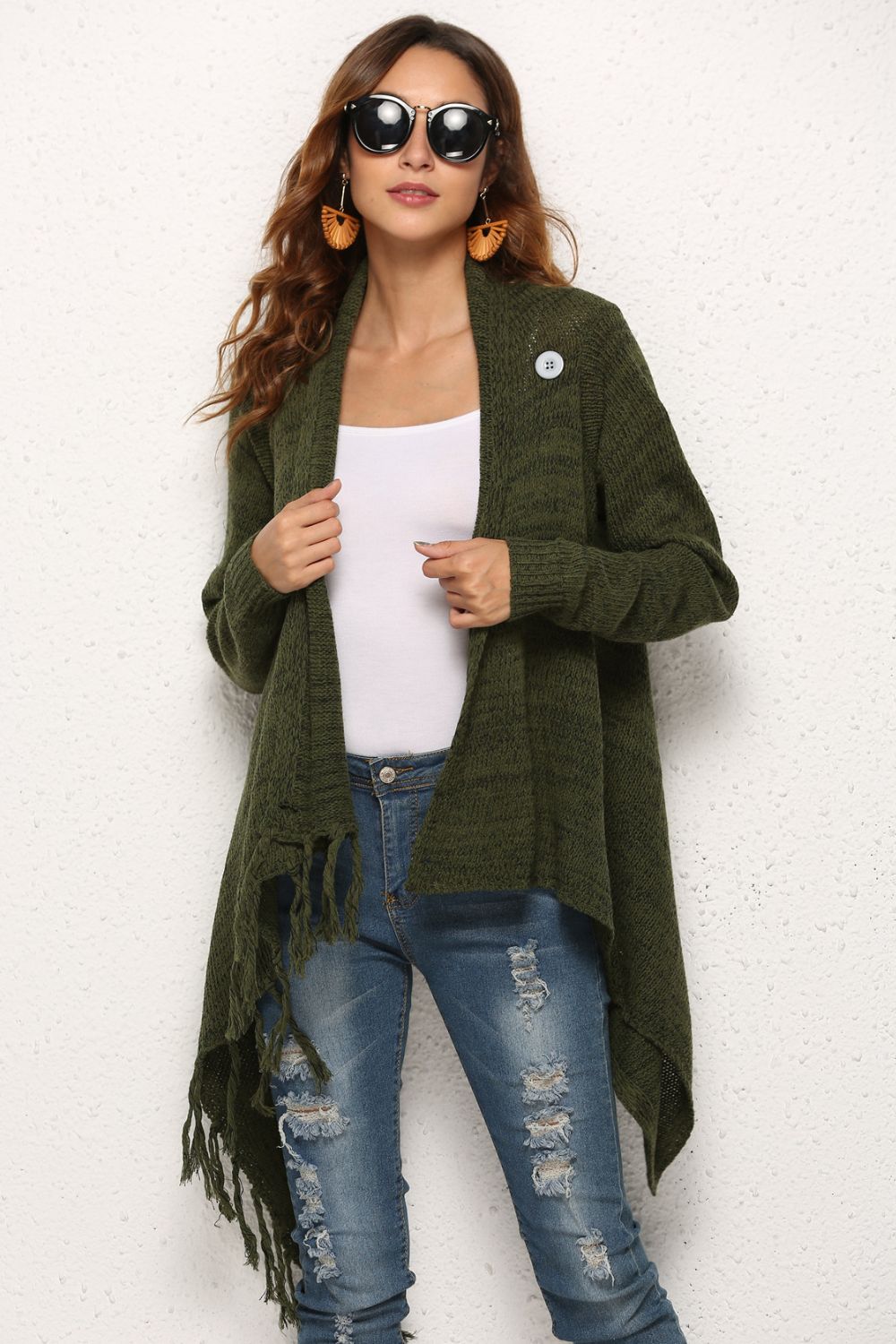 One-Button Tassel Tie Asymmetrical Hem Cardigan Ins Street