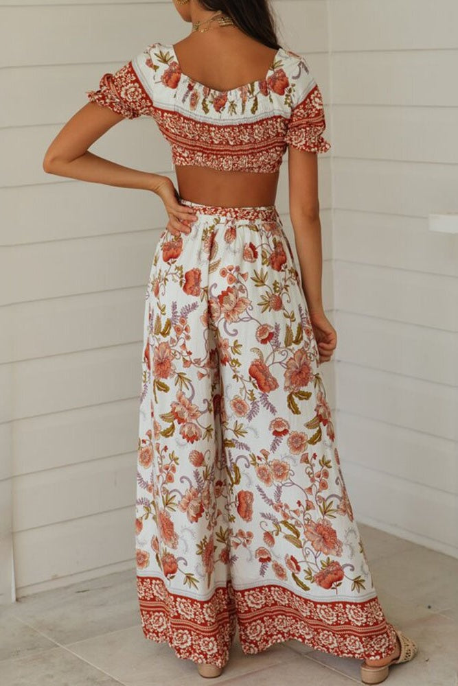Floral Crop Top & Wide Legs Pants Two-Piece Set Ins street