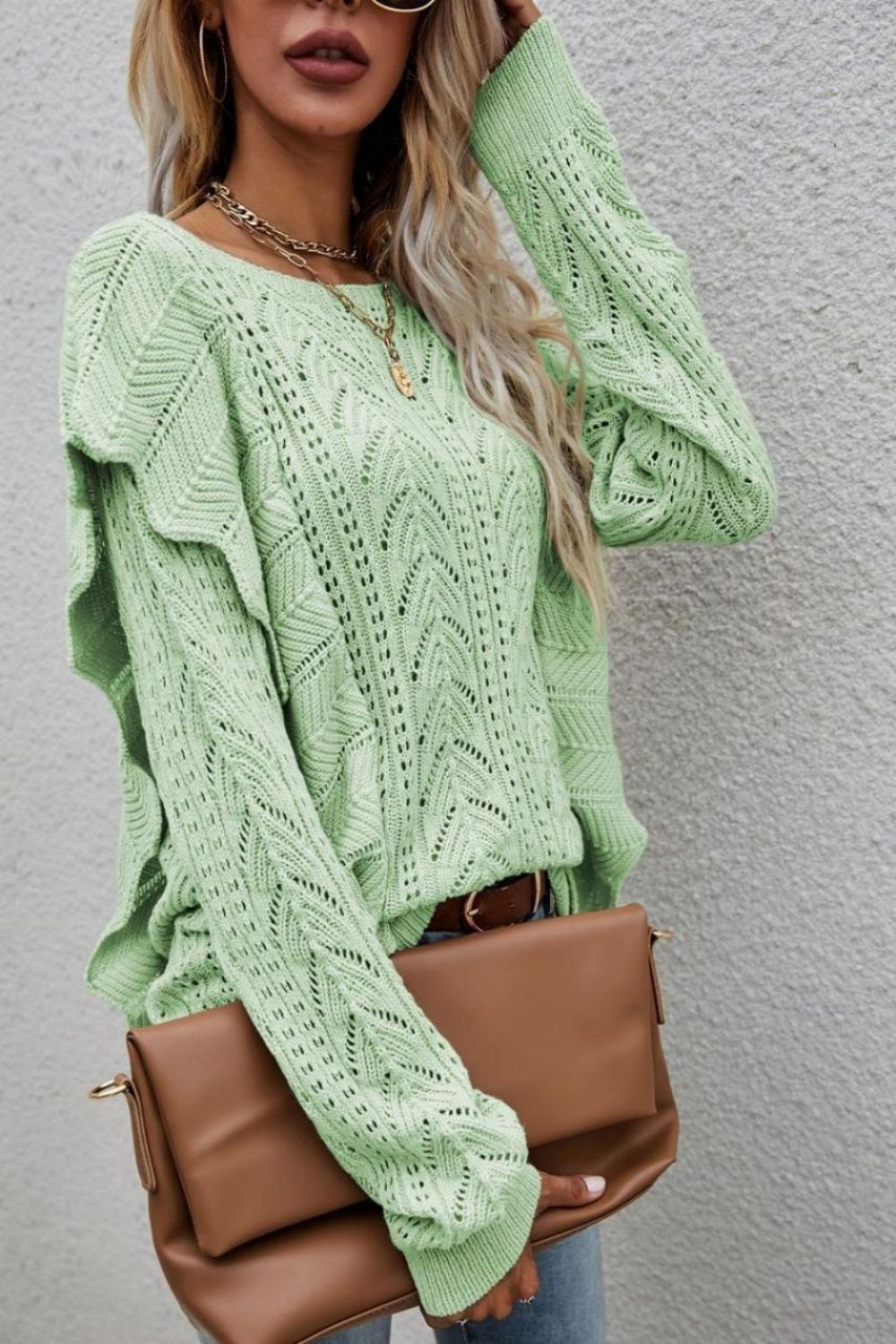 Openwork Round Neck Ruffled Sweater Ins Street