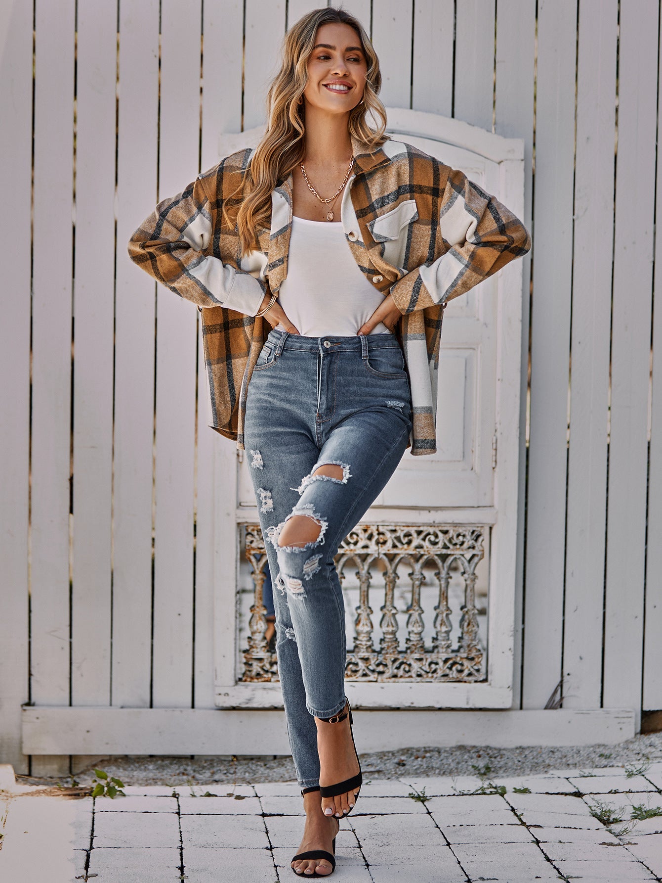 Plaid Belted Dropped Shoulder Shirt Jacket Ins Street