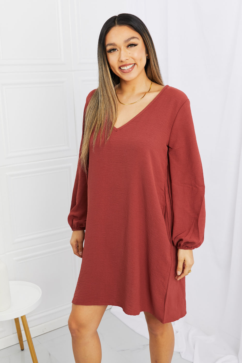 Mittoshop Full Size V-Neck Balloon Sleeve Dress with Pockets Ins Street