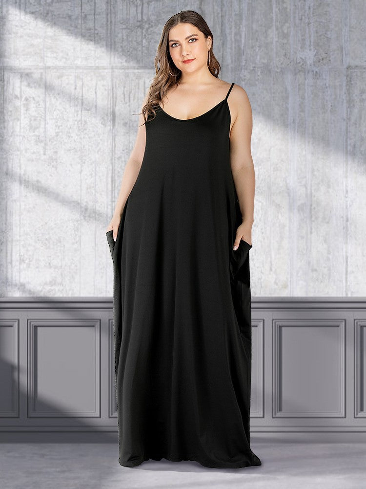 Solid Loose Double Pocket Sling Long Dress 2023-03-14 InsStreet