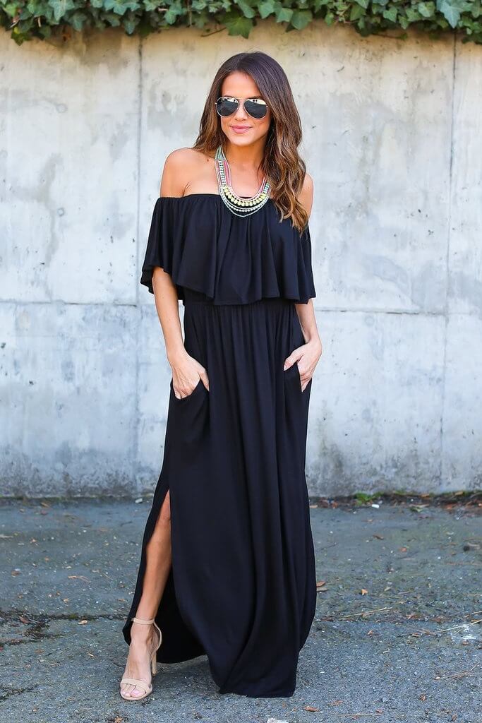 Off-Shoulder Side Split Maxi Dress Ins street